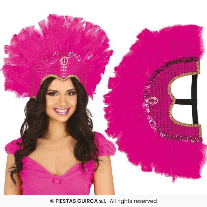 Guirca Tocado Plumas Fucsia con lentejuelas y banda elástica en Dulcealmacen