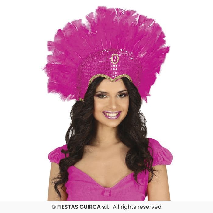 Guirca Tocado Plumas Fucsia con lentejuelas y banda elástica en Dulcealmacen