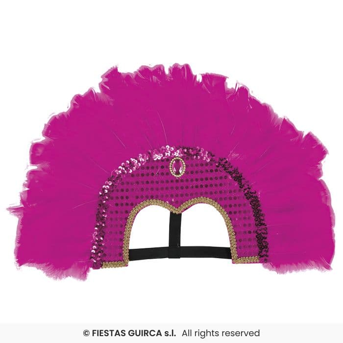 Guirca Tocado Plumas Fucsia con lentejuelas y banda elástica en Dulcealmacen