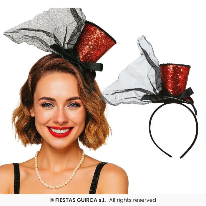 Guirca Minihat Chistera Roja con diadema y tul negro para disfraz en Dulcealmacen