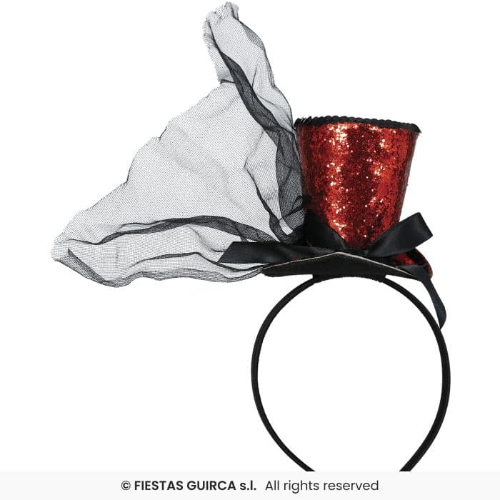 Guirca Minihat Chistera Roja con diadema y tul negro para disfraz en Dulcealmacen