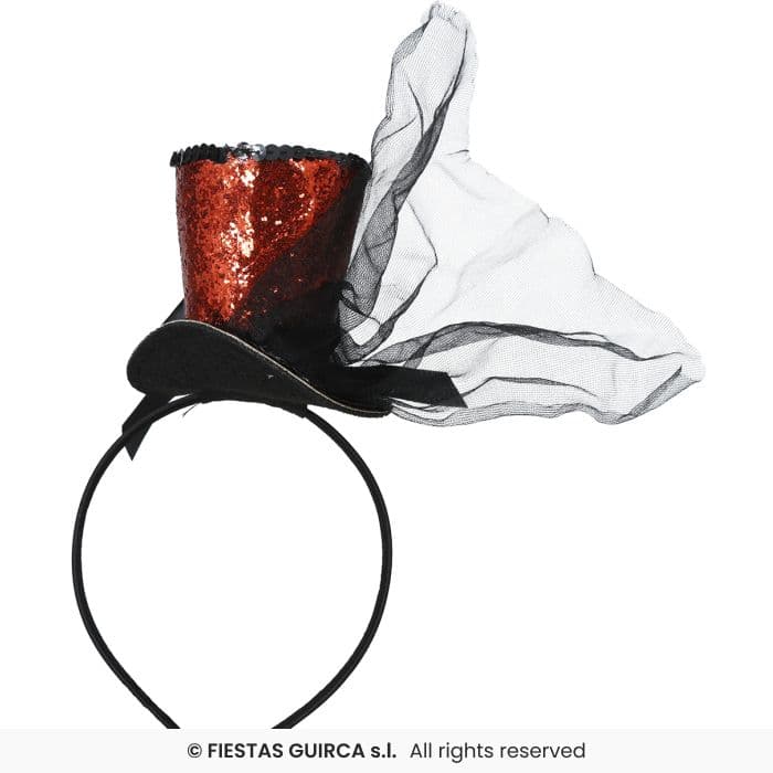 Guirca Minihat Chistera Roja con diadema y tul negro para disfraz en Dulcealmacen