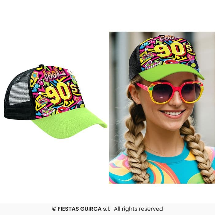 Guirca Gorra Años '90 con visera verde y estampado retro para disfraz en Dulcealmacen