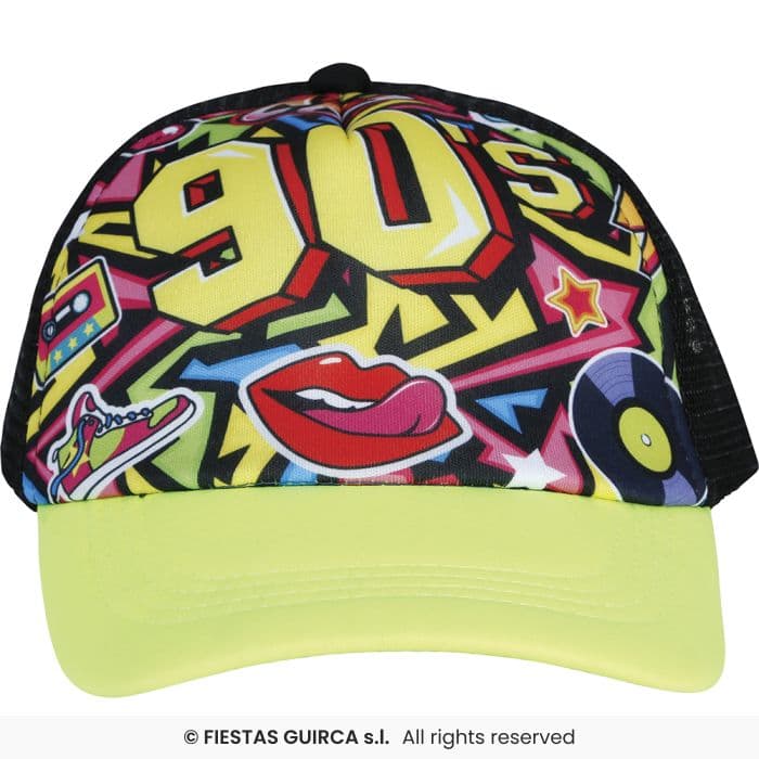 Guirca Gorra Años '90 con visera verde y estampado retro para disfraz en Dulcealmacen