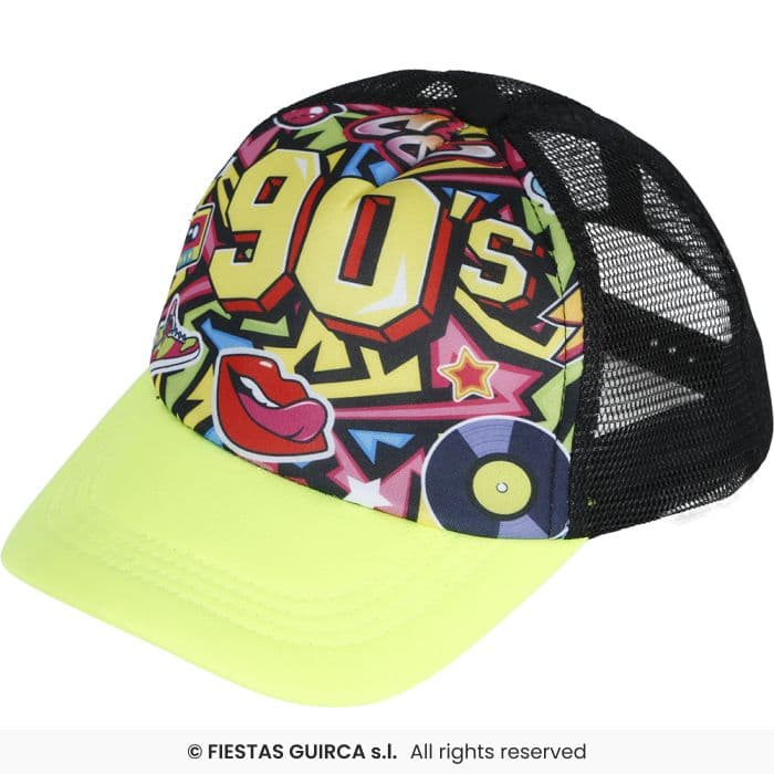 Guirca Gorra Años '90 con visera verde y estampado retro para disfraz en Dulcealmacen
