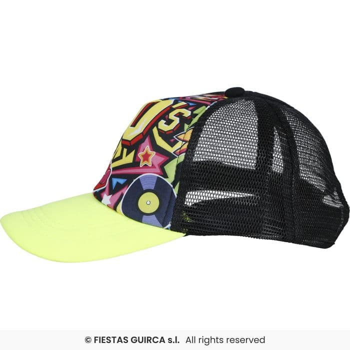 Guirca Gorra Años '90 con visera verde y estampado retro para disfraz en Dulcealmacen