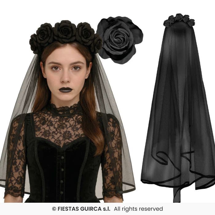Guirca Diadema Velo Negro con Flores Negras para disfraces de Halloween en Dulcealmacen