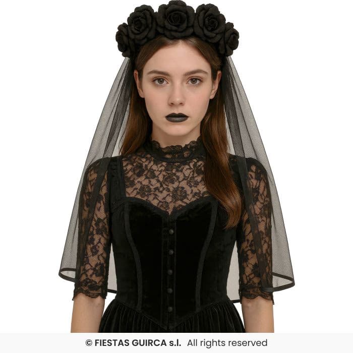 Guirca Diadema Velo Negro con Flores Negras para disfraces de Halloween en Dulcealmacen