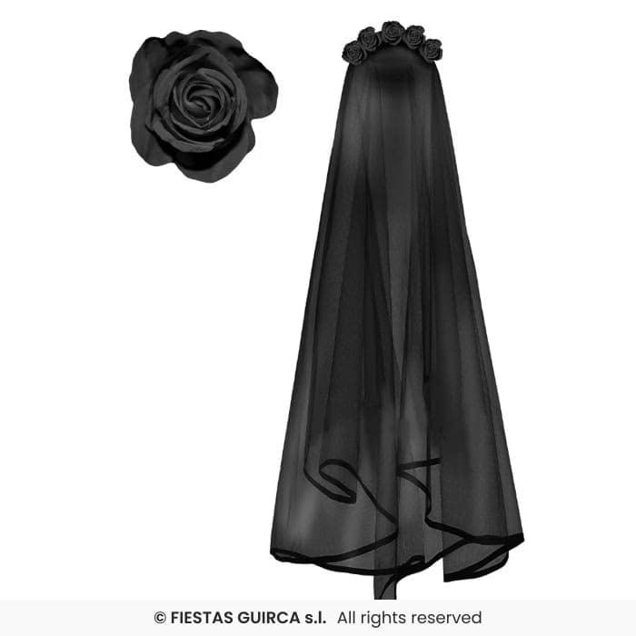 Guirca Diadema Velo Negro con Flores Negras para disfraces de Halloween en Dulcealmacen
