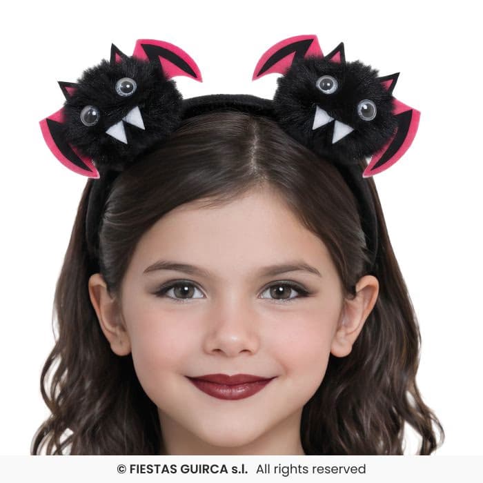 Guirca Diadema Murciélagos con pompones negros y alas rosas para Halloween en Dulcealmacen