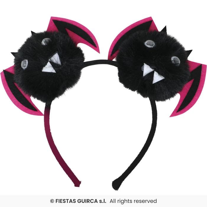 Guirca Diadema Murciélagos con pompones negros y alas rosas para Halloween en Dulcealmacen