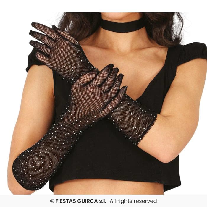 Guirca Guantes Malla Negro Con Pedreria 30 cm para disfraces y fiestas en Dulcealmacen