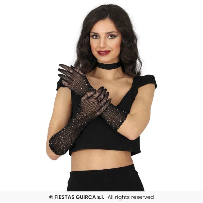Guirca Guantes Malla Negro Con Pedreria 30 cm para disfraces y fiestas en Dulcealmacen