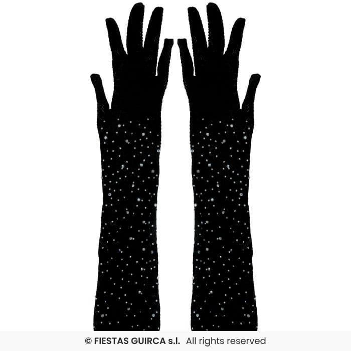 Guirca Guantes Malla Negro Con Pedreria 30 cm para disfraces y fiestas en Dulcealmacen