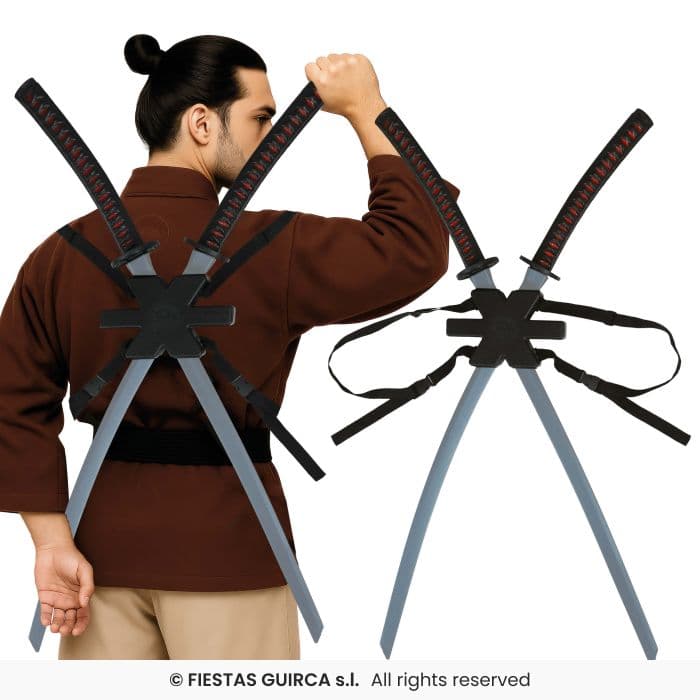 Guirca 2 Espadas Samurai Para Espalda 95 cm katanas de plastico con arnes en Dulcealmacen