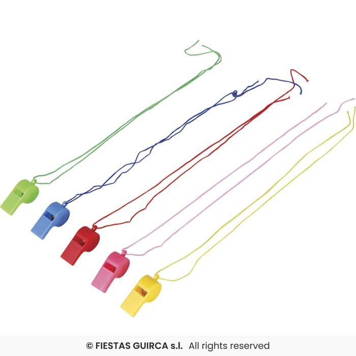 Guirca 4 Silbatos Con Cuerda Surtidos pitos de plastico de colores para fiestas en Dulcealmacen