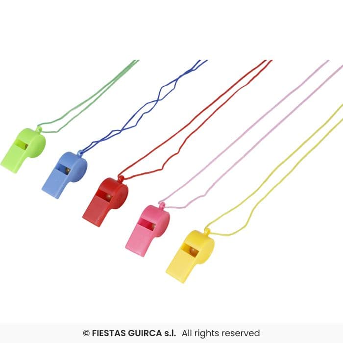 Guirca 4 Silbatos Con Cuerda Surtidos pitos de plastico de colores para fiestas en Dulcealmacen