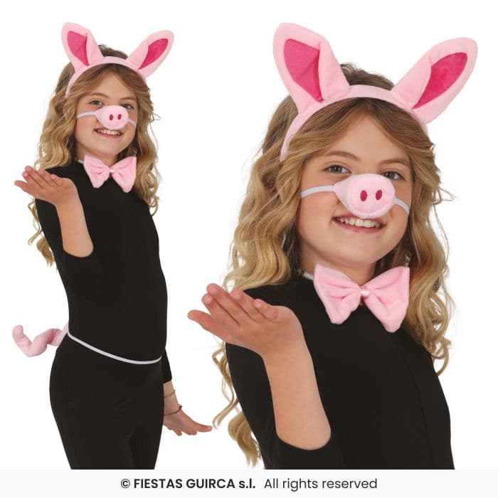 Guirca Set Cerdito 4 Pcs kit de orejas nariz pajarita y cola rosa para disfraz infantil en Dulcealmacen