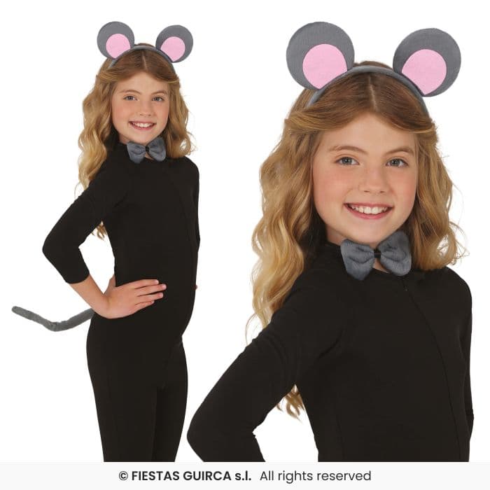 Guirca Set Ratoncito 3 Pcs kit de orejas pajarita y cola gris para disfraz infantil en Dulcealmacen