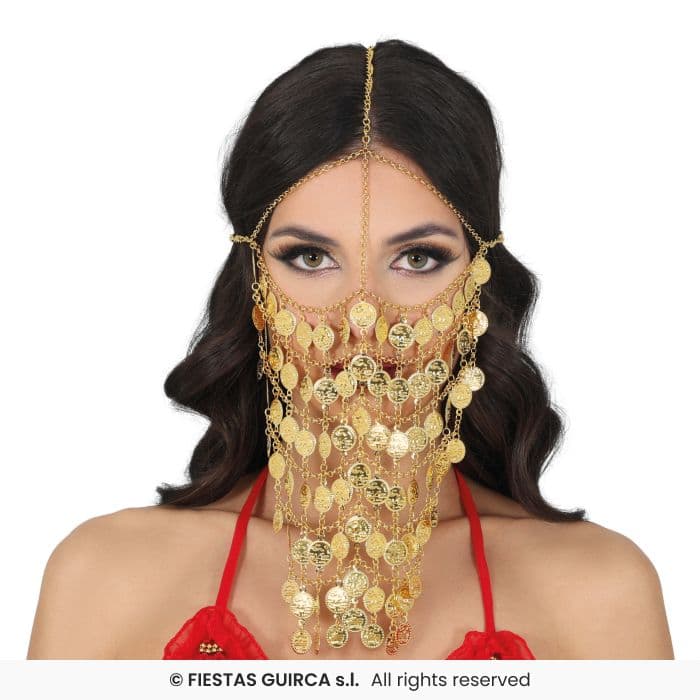 Guirca Máscara Metálica Monedas 20x20 cm velo facial dorado para disfraz en Dulcealmacen