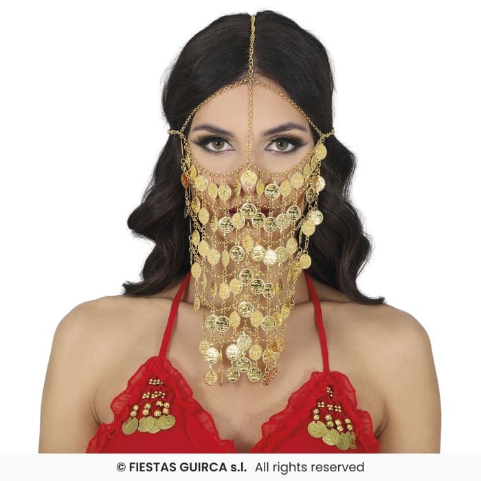 Guirca Máscara Metálica Monedas 20x20 cm velo facial dorado para disfraz en Dulcealmacen