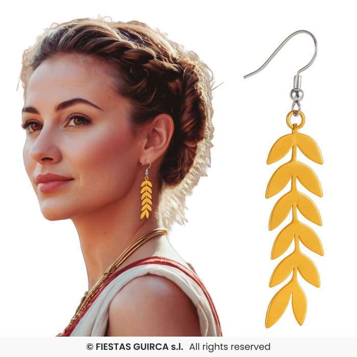 Guirca Pendientes Metálicos Romana Oro 6 cm accesorios dorados de hoja de laurel para disfraz en Dulcealmacen