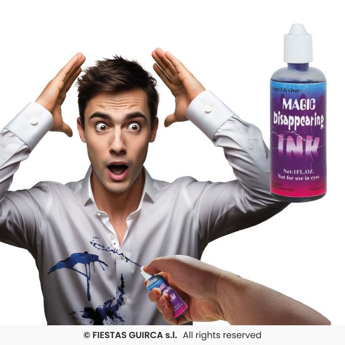 Guirca Tinta Magica Broma bote de líquido azul que mancha y desaparece de la ropa en Dulcealmacen