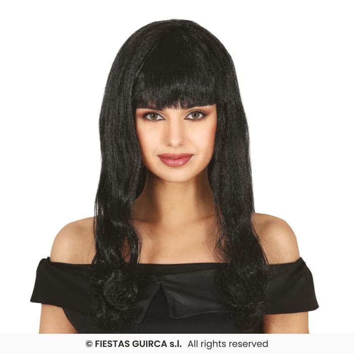 Guirca Peluca Melena Negra lisa con flequillo para disfraz en Dulcealmacen