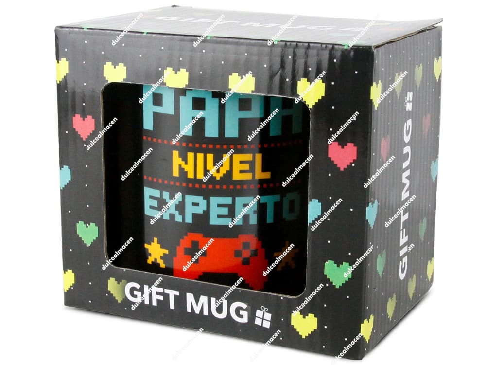Taza de cerámica negra con diseño pixelado de mando de videojuegos y frase Papá Nivel Experto - Dulcealmacen