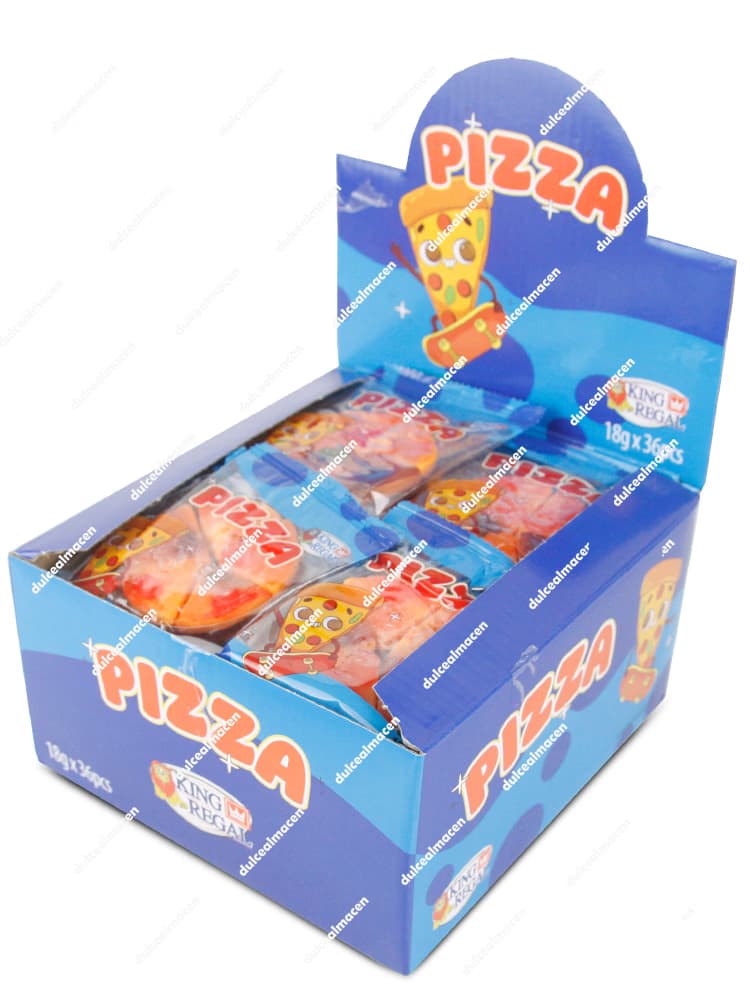 Caja expositora de 36 unidades de gominola con forma de pizza de la marca King Regal, producto sin gluten envuelto individualmente - Dulcealmacen