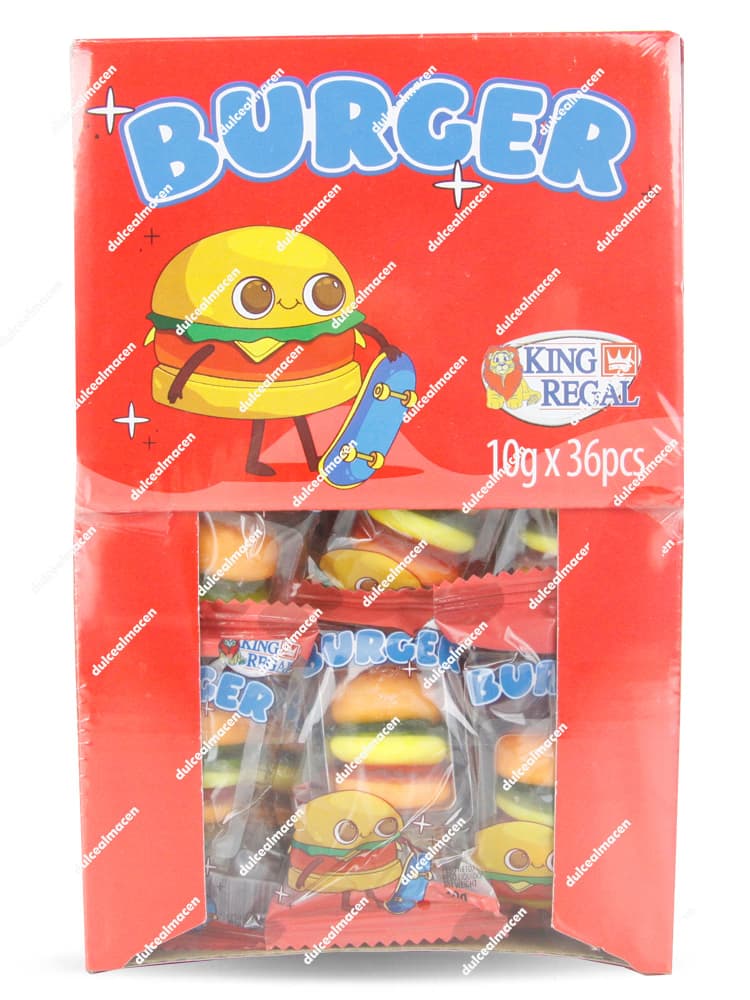 Caja expositora de 36 unidades de gominolas con forma de hamburguesa de la marca King Regal, unidades de 10 gramos envueltas individualmente - Dulcealmacen