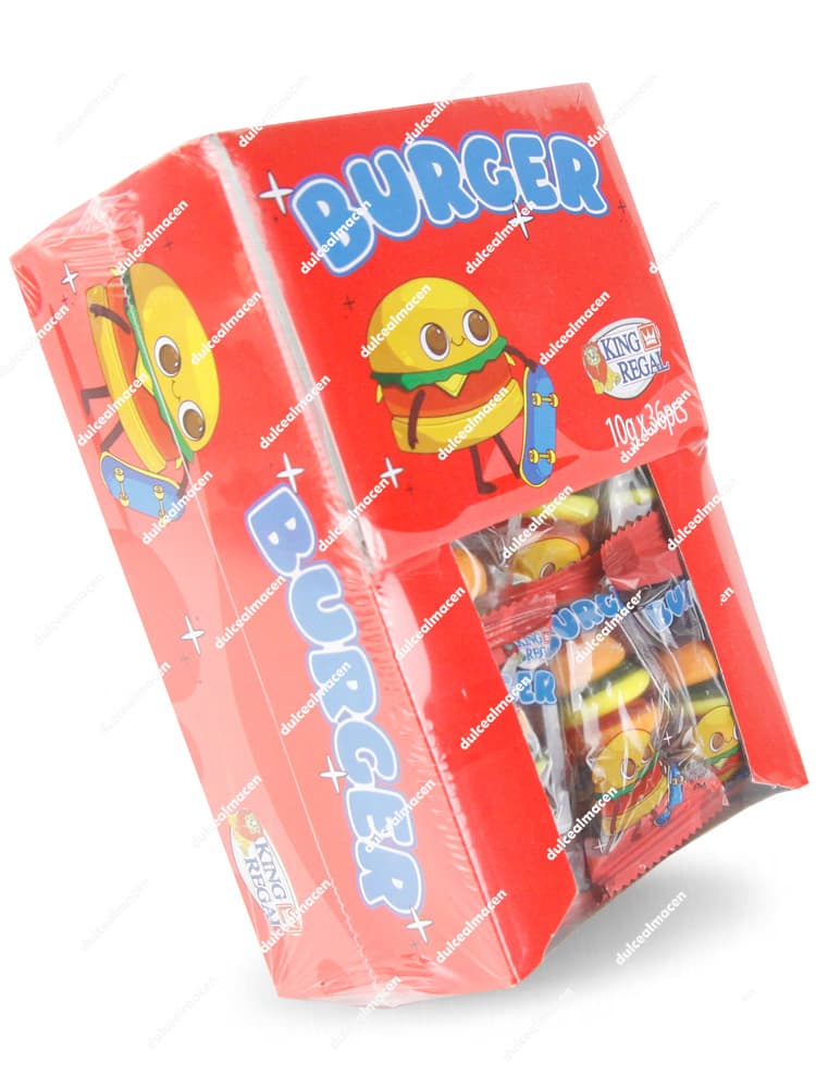 Caja expositora de 36 unidades de gominolas con forma de hamburguesa de la marca King Regal, unidades de 10 gramos envueltas individualmente - Dulcealmacen