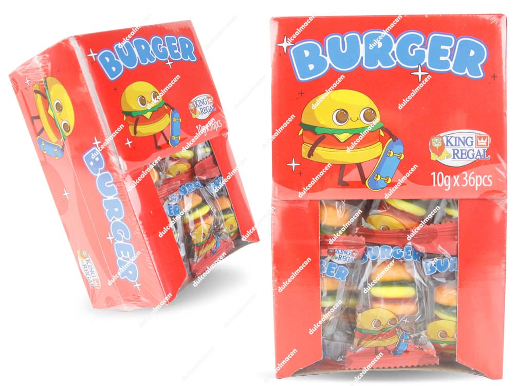 Caja expositora de 36 unidades de gominolas con forma de hamburguesa de la marca King Regal, unidades de 10 gramos envueltas individualmente - Dulcealmacen