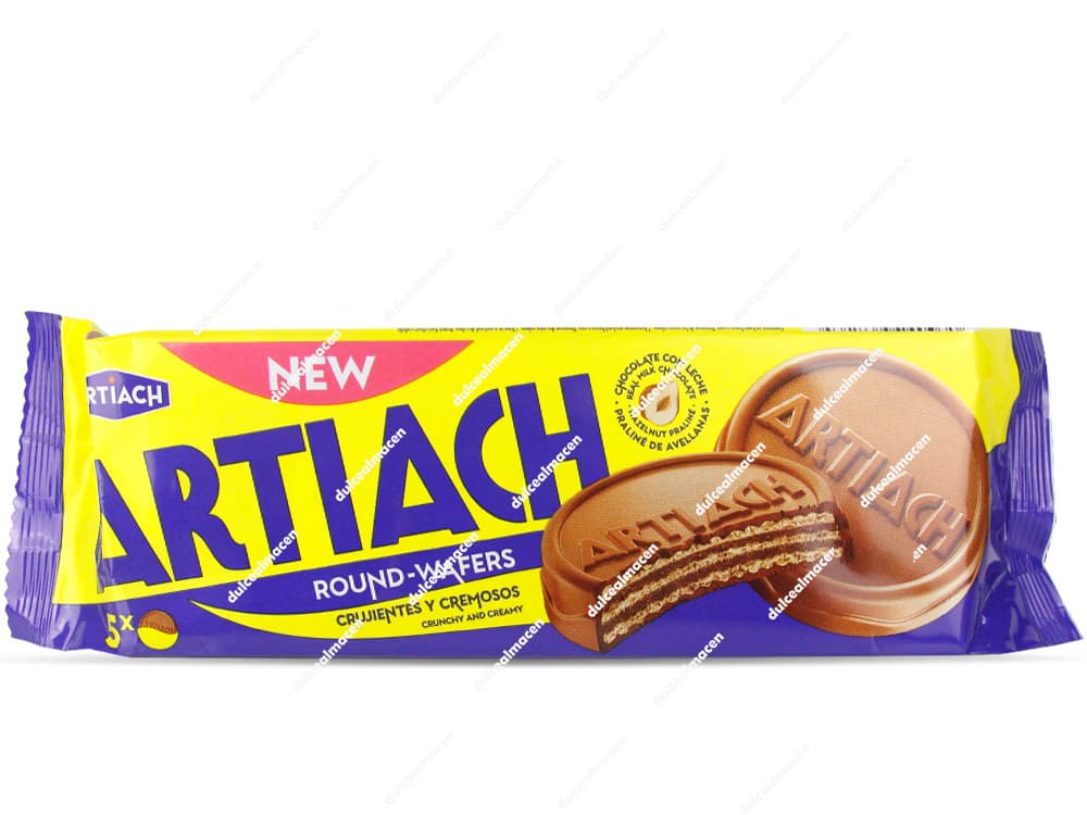 Paquete rectangular y alargado de galletas Artiach Round Wafers de Chocolate con Leche y Praliné de Avellana de 142 gramos, con diseño amarillo y morado brillante, mostrando dos grandes obleas circulares de chocolate, una de ellas partida por la mitad exhibiendo el barquillo multicapa interior - Dulcealmacen