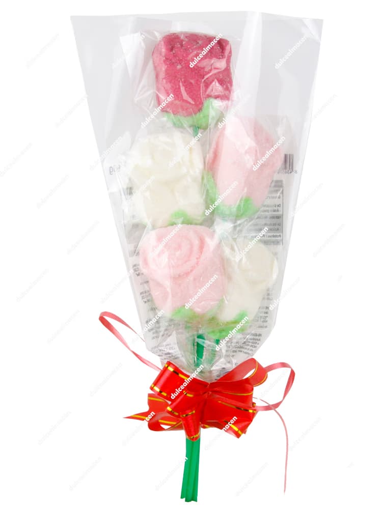 Expositor de 12 unidades de Ramo de Rosas Marshmallow de Cool mostrando los bouquets de flores dulces con lazo rojo y envoltorio individual - Dulcealmacen
