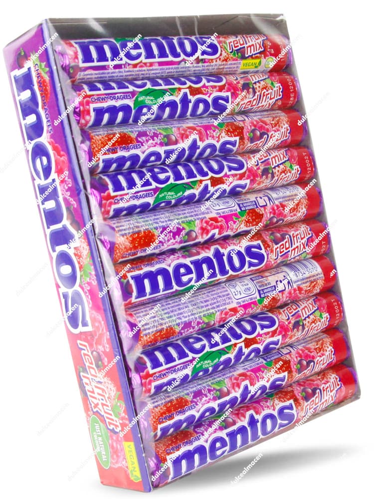 Caja expositora con tubos de caramelos masticables sabor frutos rojos Mentos Tubo Red Fruit Mix 20 uds de Dulcealmacen
