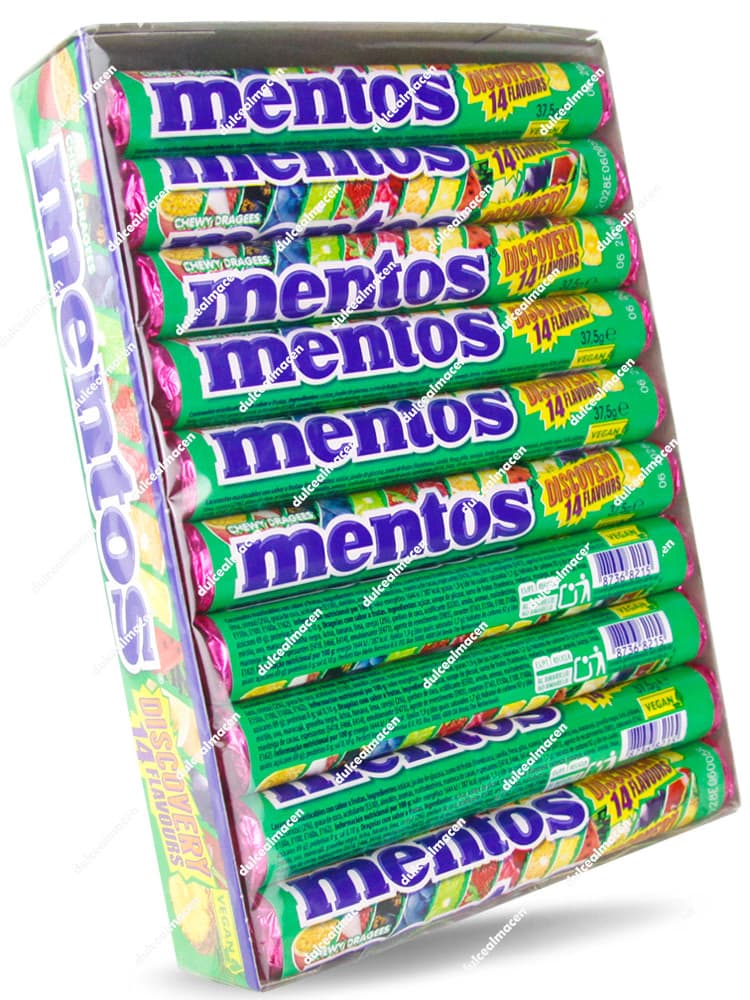 Caja expositora de caramelos masticables veganos Mentos Tubo Discovery de 20 unidades con 14 sabores a frutas de Dulcealmacen
