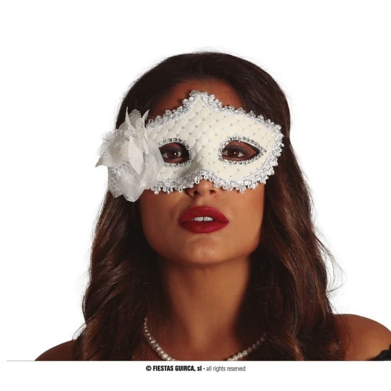 Guirca Antifaz Blanco Con Flor | Accesorios Disfraz