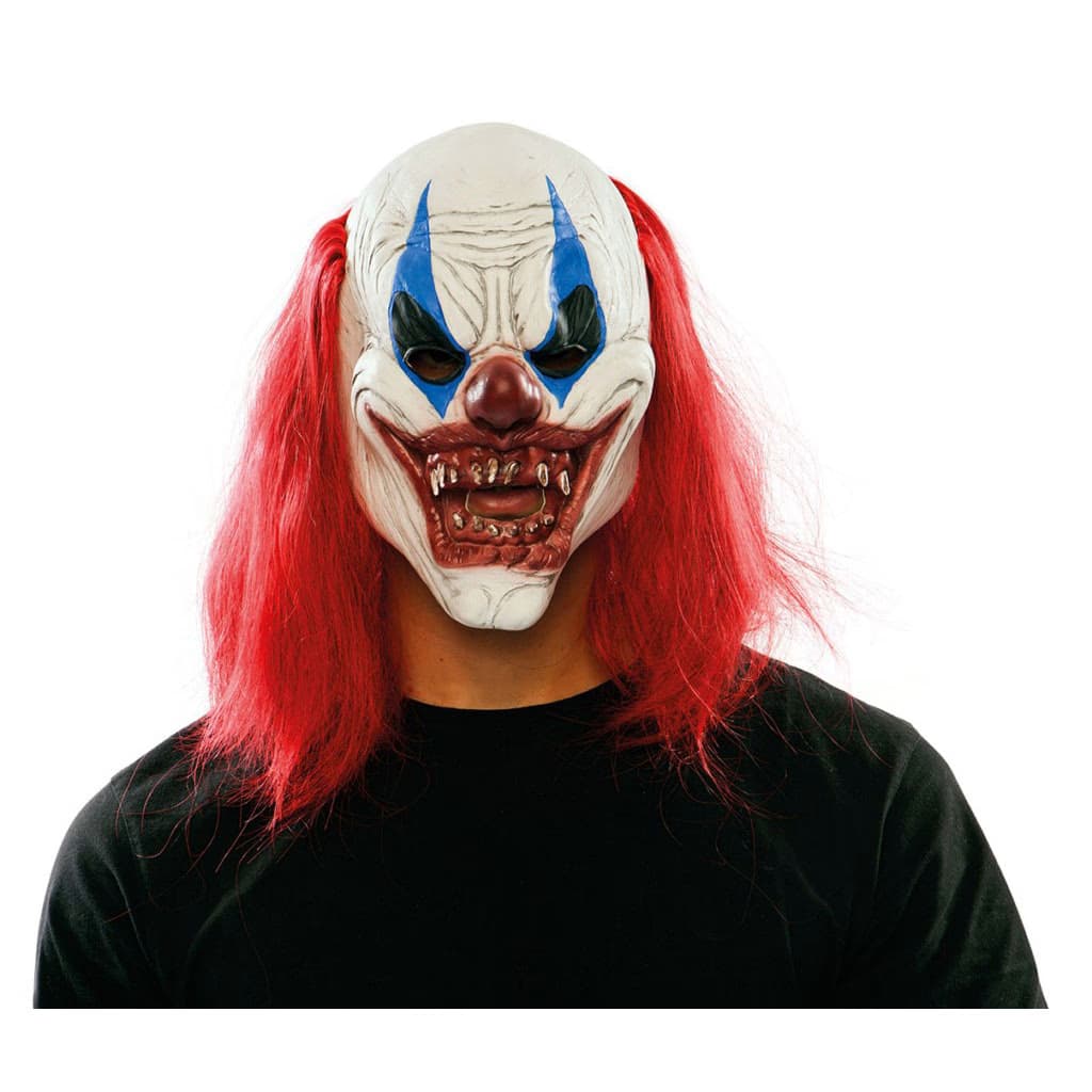 Hombre llevando la Máscara Payaso Diabólico Fyasa de látex con melena roja de Dulcealmacen