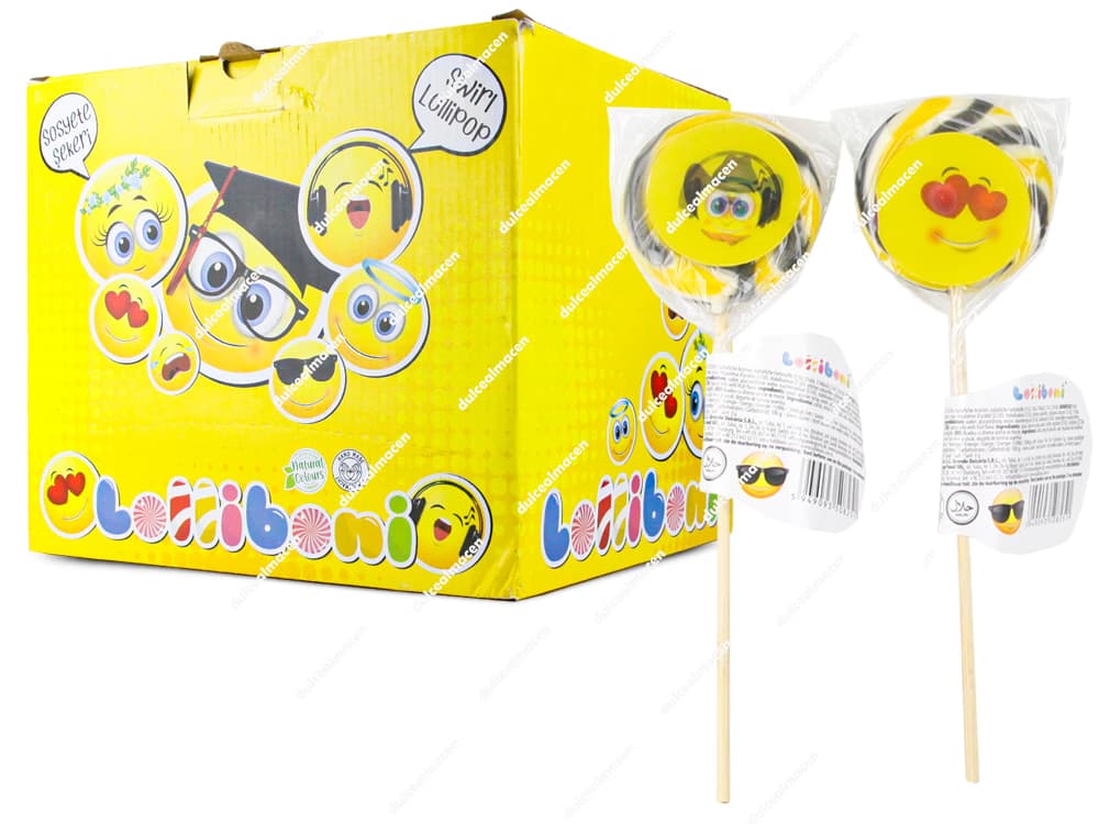 Dos piruletas Lolliboni Smile de remolino amarillo y negro con pegatinas de Emojis - Dulcealmacen