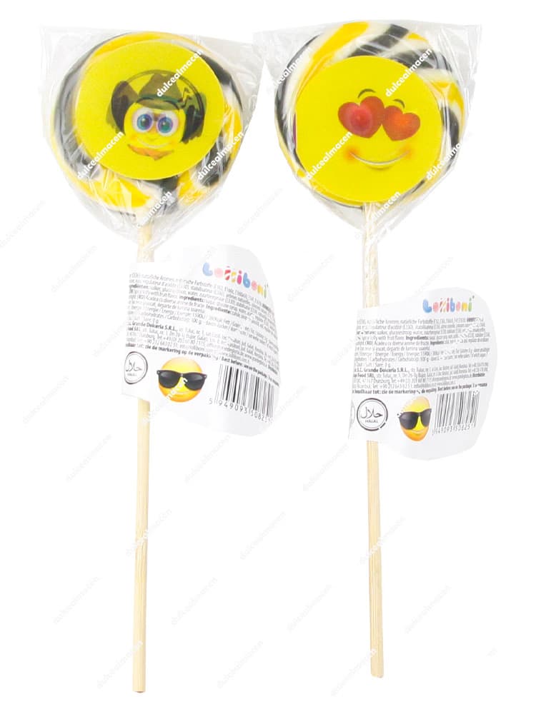 Dos piruletas Lolliboni Smile de remolino amarillo y negro con pegatinas de Emojis - Dulcealmacen