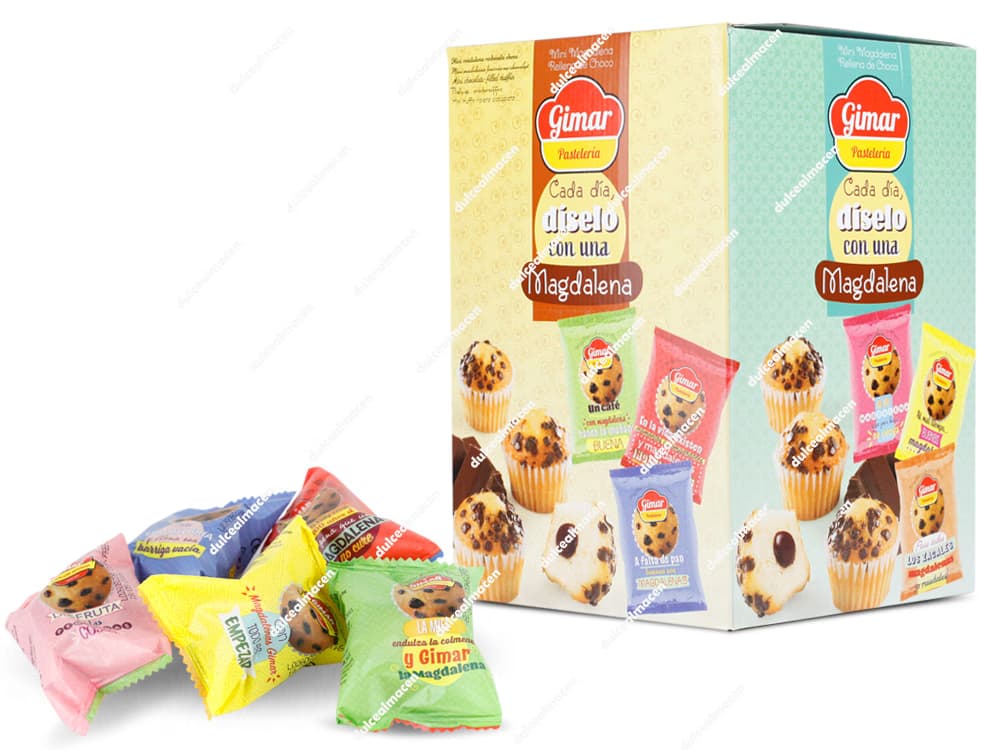 Caja de 1,5 kg de Mini Magdalenas Gimar con envoltorios individuales de colores - Dulcealmacen
