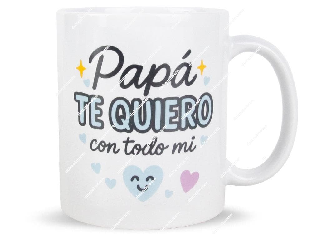 Taza de cerámica blanca con frase Papá te quiero con todo mi corazón y corazones azules y rosas - Dulcealmacen