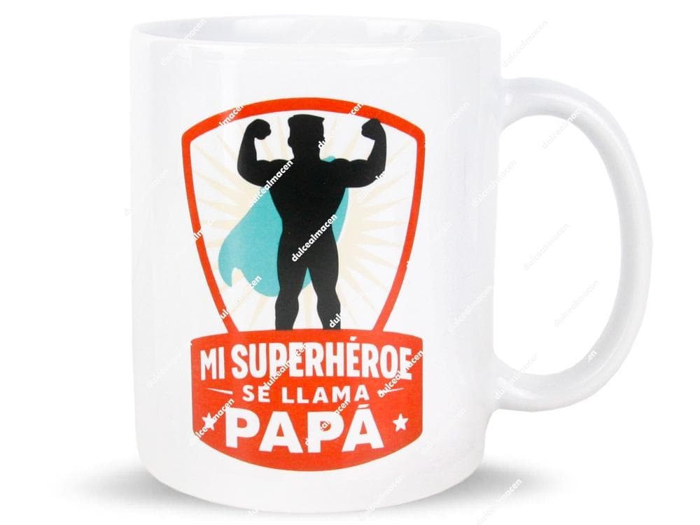 Taza de cerámica blanca con silueta de superhéroe y frase Mi superhéroe se llama Papá - Dulcealmacen