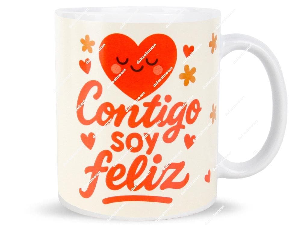Taza de cerámica blanca con corazón rojo sonriente y frase Contigo soy feliz - Dulcealmacen