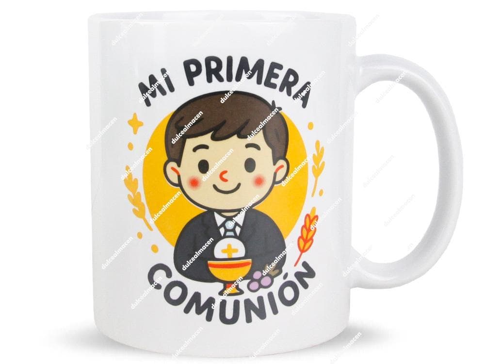 Taza de cerámica blanca con ilustración de niño comulgante y cáliz para recuerdo de Primera Comunión - Dulcealmacen