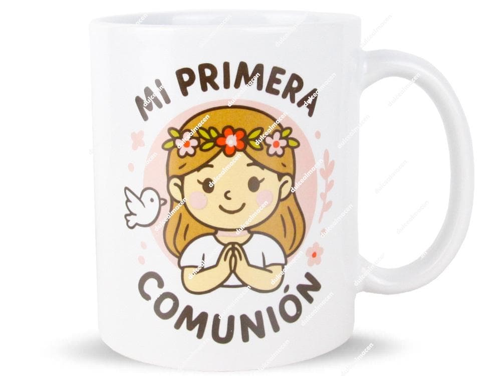 Taza de cerámica blanca con diseño de paloma y flores para recuerdo de Primera Comunión Niña - Dulcealmacen