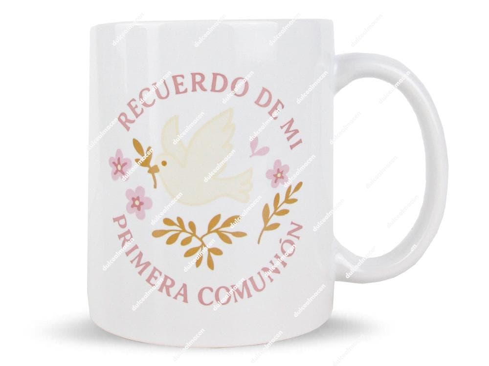Taza de cerámica blanca con diseño de paloma y flores para recuerdo de Primera Comunión Niña - Dulcealmacen