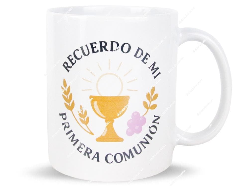 Taza de cerámica blanca con diseño de cáliz y frase Recuerdo de mi Primera Comunión Niño - Dulcealmacen