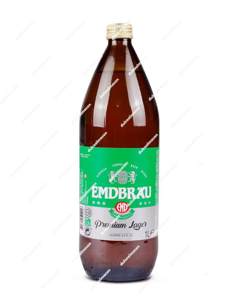 Botella de cristal de 1 litro de cerveza Emdbräu Premium Lager con etiqueta verde y plateada en Dulcealmacen